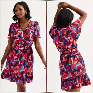 NWT Draper James Red & Blue Floral Flutter Sleeve Belted Mini Dress